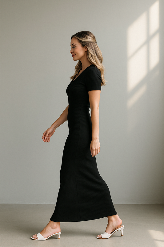 Sort ribkjole med kortærmer, krave og V-udskæring